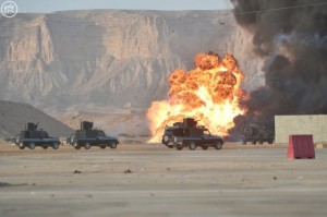 Flame is seen following an explosion during a military exercise by Saudi security forces west of Riyadh, Saudi Arabia April 6, 2016. REUTERS/Saudi Press Agency/Handout via Reuters ATTENTION EDITORS - THIS IMAGE WAS PROVIDED BY A THIRD PARTY. REUTERS IS UNABLE TO INDEPENDENTLY VERIFY THE AUTHENTICITY, CONTENT, LOCATION OR DATE OF THIS IMAGE. IT IS DISTRIBUTED EXACTLY AS RECEIVED BY REUTERS, AS A SERVICE TO CLIENTS. FOR EDITORIAL USE ONLY. NOT FOR SALE FOR MARKETING OR ADVERTISING CAMPAIGNS. NO RESALES. NO ARCHIVE.