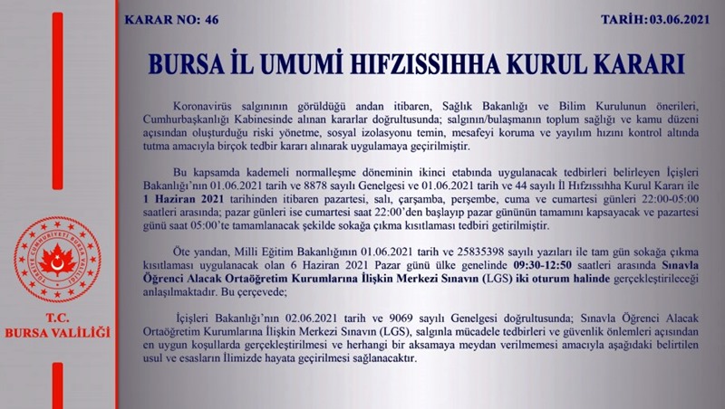 Bursa Valiliği Kovid-19 tedbirleri kapsamında alınan kararları duyurdu.